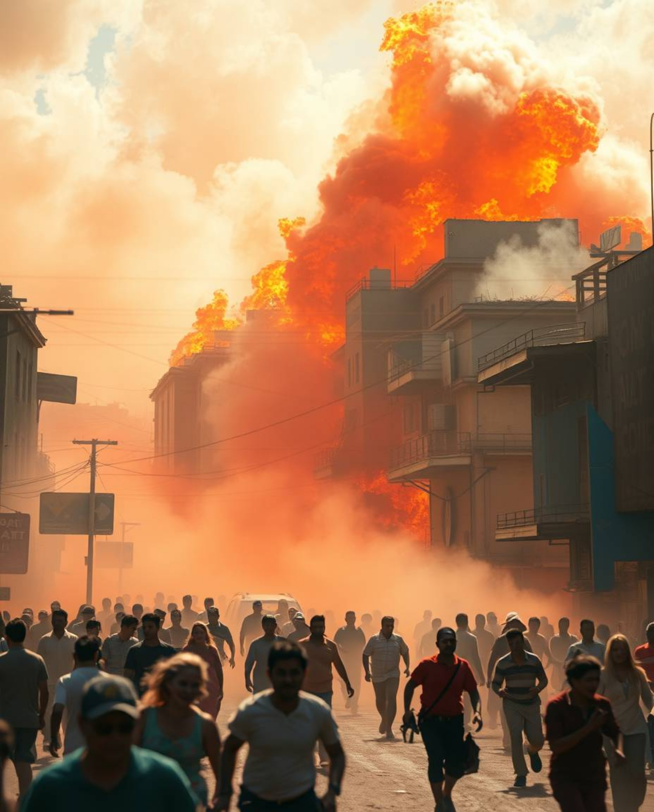 A vibrant city engulfed in flames, illuminated by striking volumetric lighting that cuts through dust and fog. The scene depi