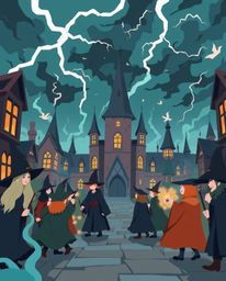 Explore a magical school brimming with young wizards, rendered in a captivating modern flat design style. The artwork employs