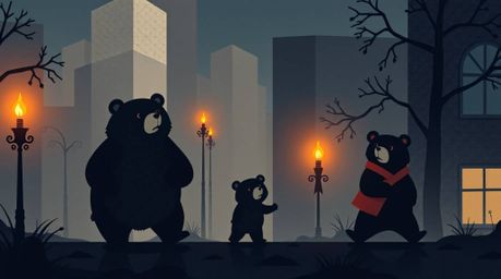 This modern flat design illustration captures a bear family embarking on an urban adventure, utilizing simple two-dimensional