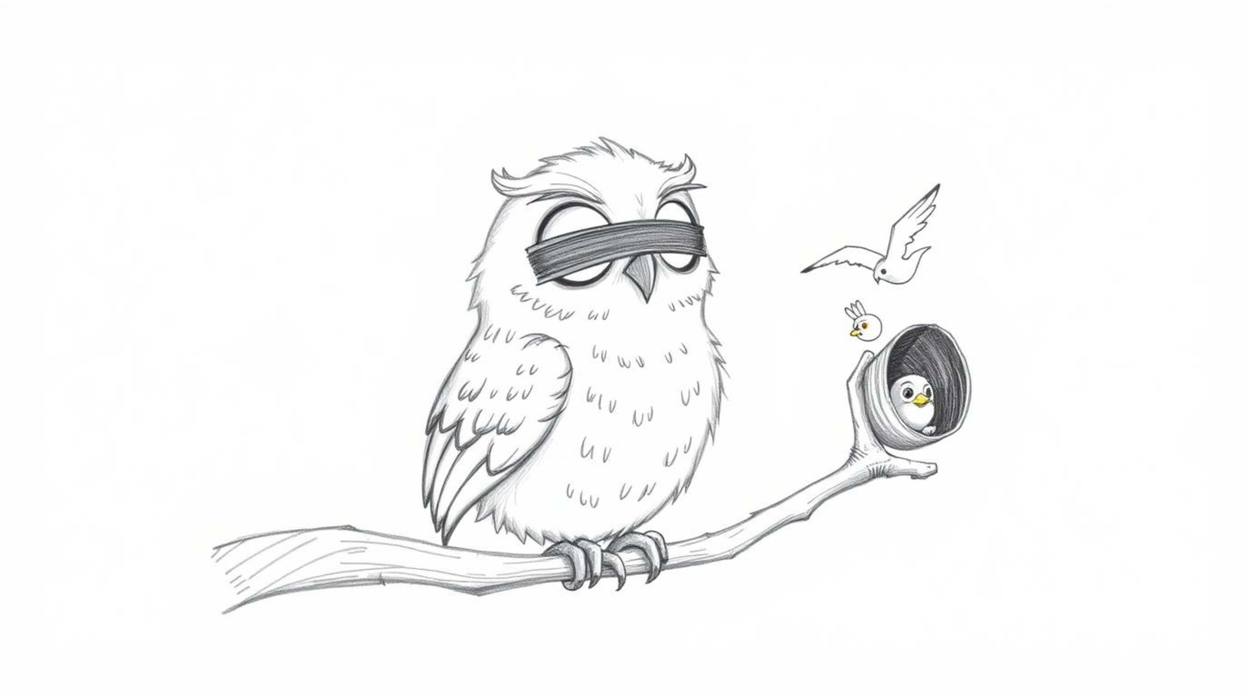 A heartwarming hand-drawn sketch depicts a blind owl, rendered in Pixar style with soft features and ruffled feathers, compas