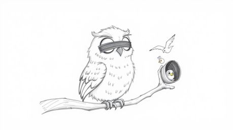 A heartwarming hand-drawn sketch depicts a blind owl, rendered in Pixar style with soft features and ruffled feathers, compas