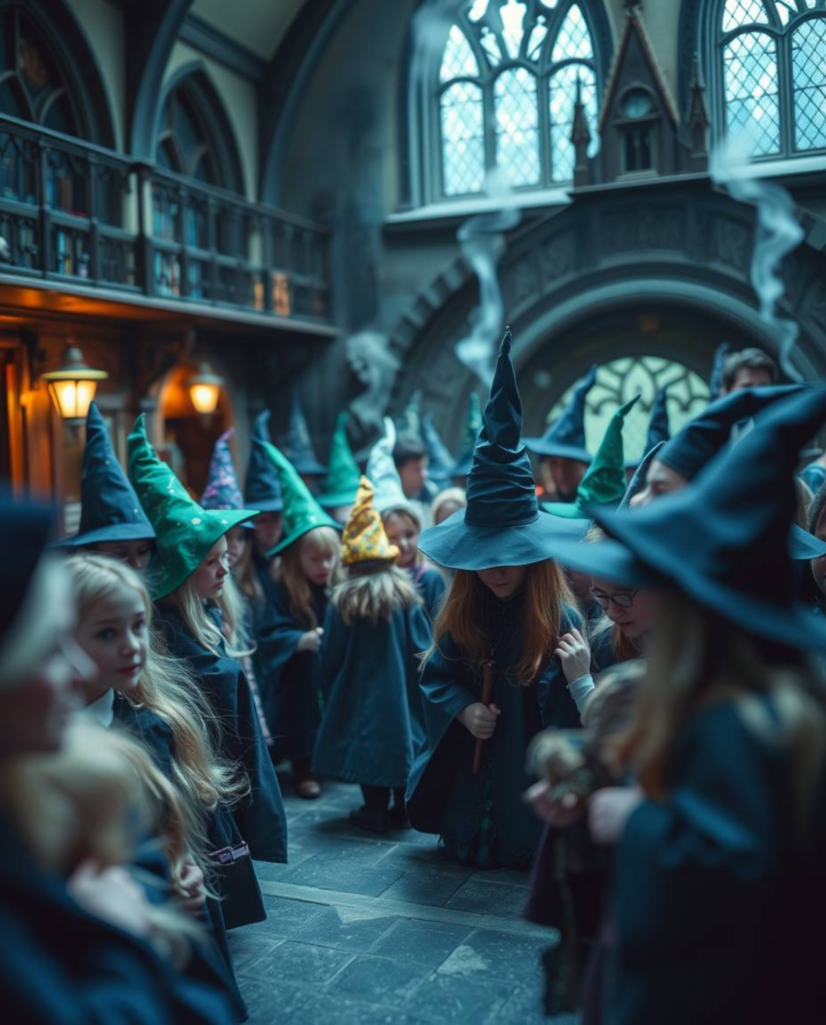Explore a captivating world within a magical school filled with young wizards.  This image, rendered in a macro close-up, sho