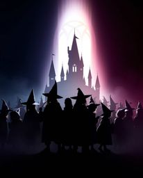 Discover a captivating illustration of a magical school brimming with young wizards.  Silhouetted against a vibrant backlight