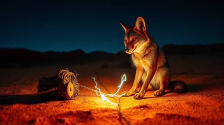 A creative low-angle light art piece portrays a coyote setting a ridiculous trap in the desert, featuring dramatic artistic l
