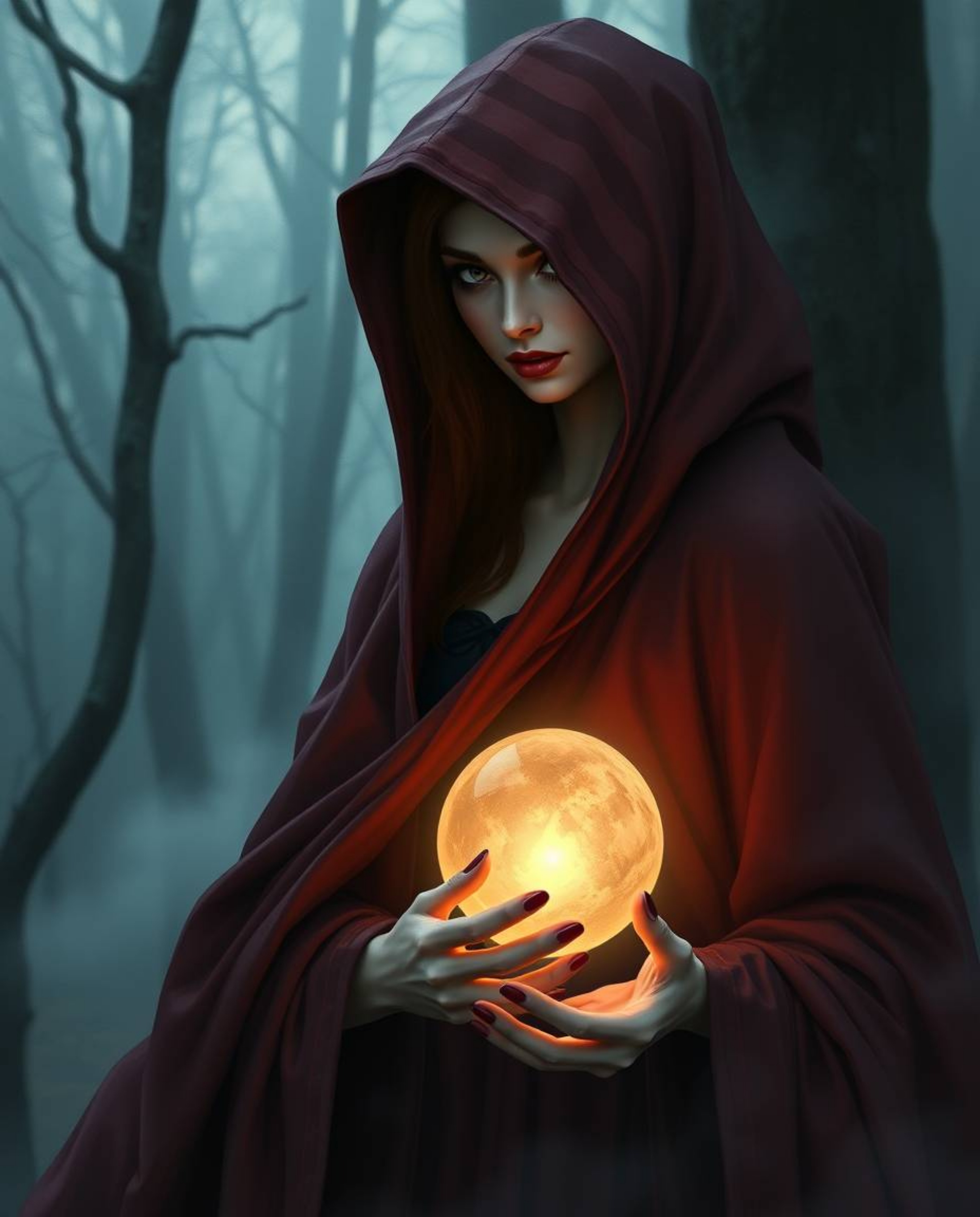 Discover a captivating image of a graceful, cloaked figure with refined features standing in a misty forest, holding a glowin
