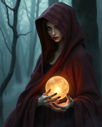 Discover a captivating image of a graceful, cloaked figure with refined features standing in a misty forest, holding a glowin