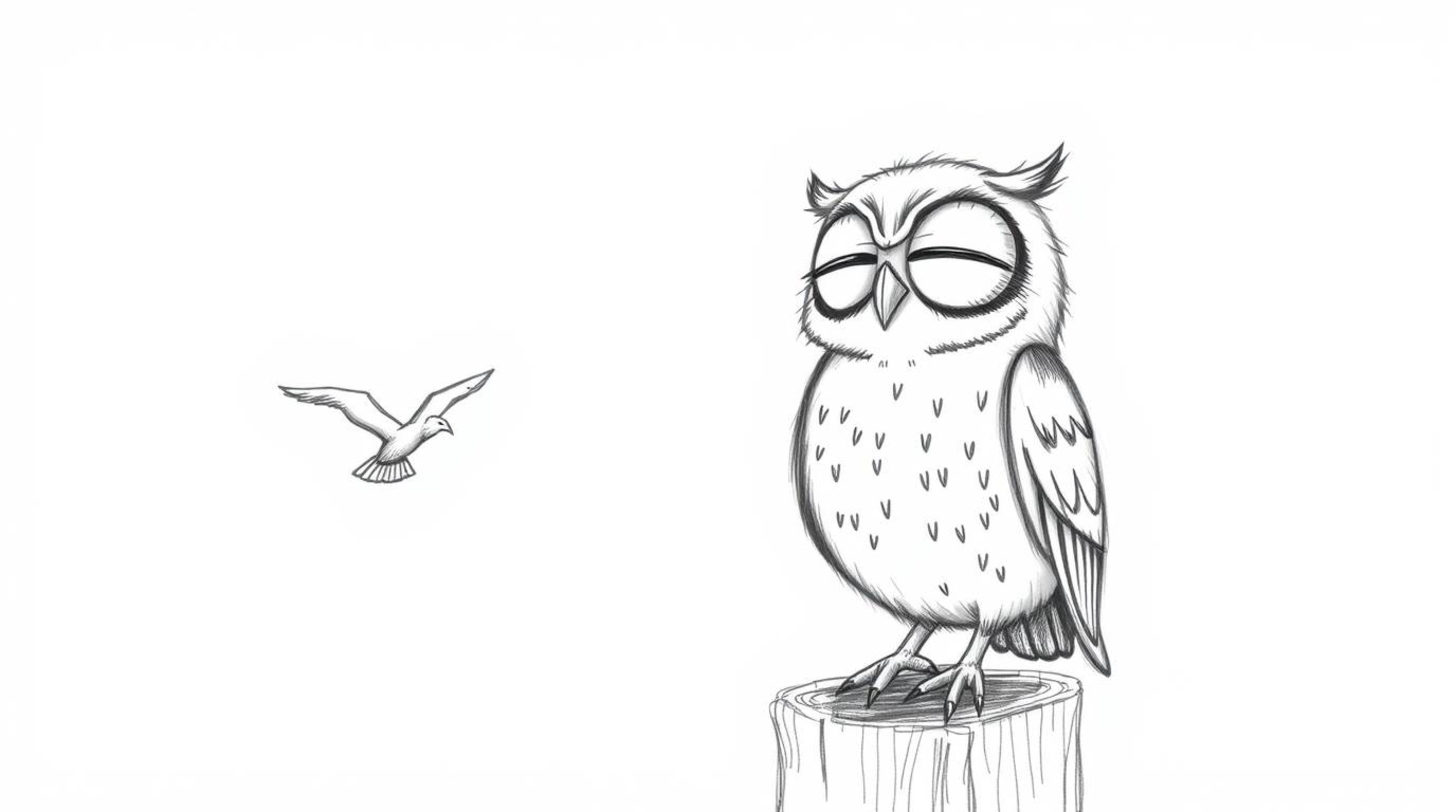 A charming hand-drawn sketch depicting a blind owl with large, expressive closed eyes, joyfully teaching birds to fly. Render