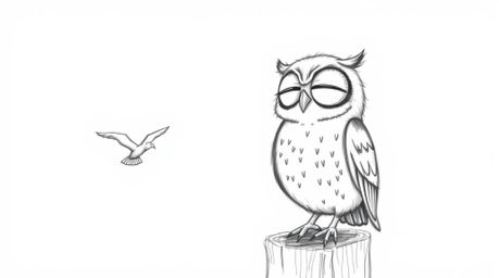 A charming hand-drawn sketch depicting a blind owl with large, expressive closed eyes, joyfully teaching birds to fly. Render