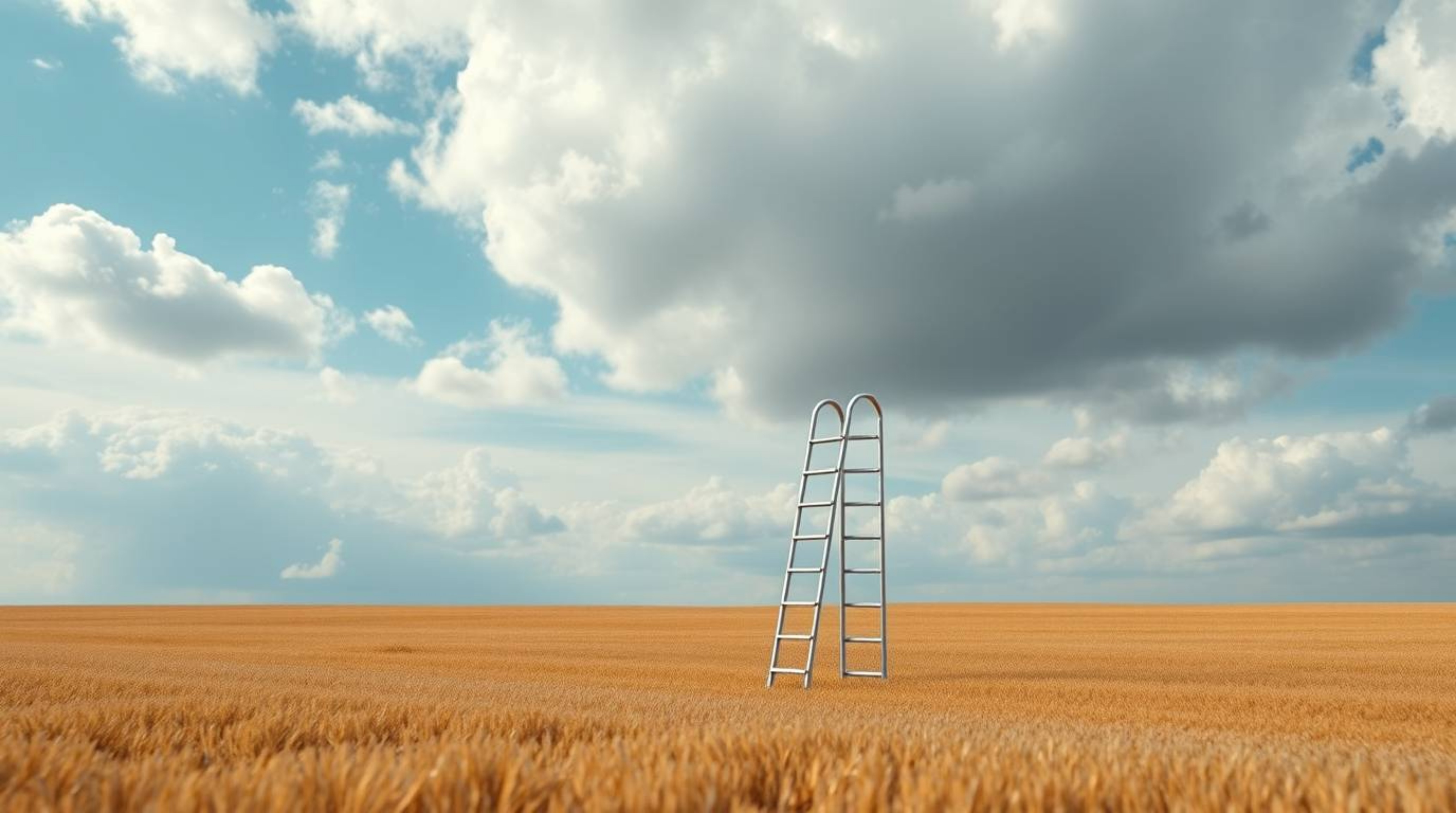 A minimalist scene featuring a silver ladder in an open field under a wide, cloudy sky, creating an abstract metaphor for opp