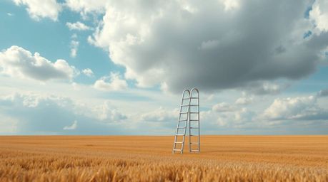 A minimalist scene featuring a silver ladder in an open field under a wide, cloudy sky, creating an abstract metaphor for opp