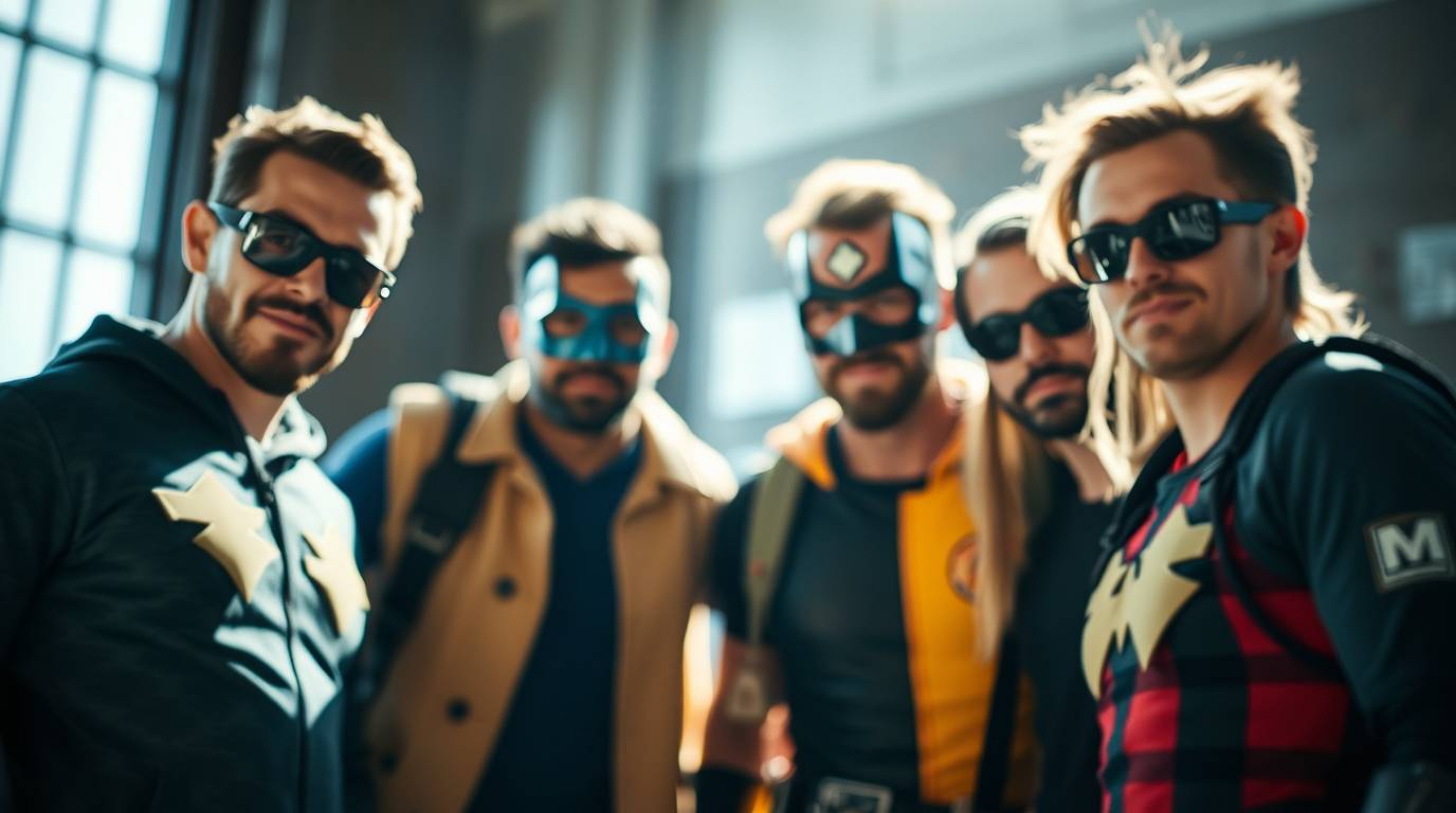A captivating image showcasing a team of unlikely heroes, sharply focused against a blurred background.  The photograph utili