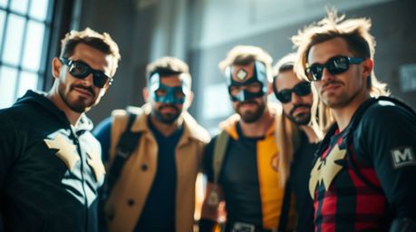 A captivating image showcasing a team of unlikely heroes, sharply focused against a blurred background.  The photograph utili
