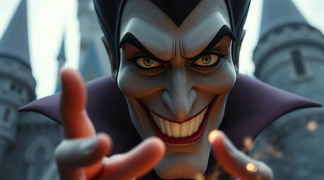 A captivating close-up reveals the face of a classic Disney villain, their sharp cheekbones and cruel smile highlighted again