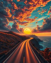 This surreal painting offers a tight close-up shot of a sunset sky over a winding coastal highway, immersing the viewer in dr