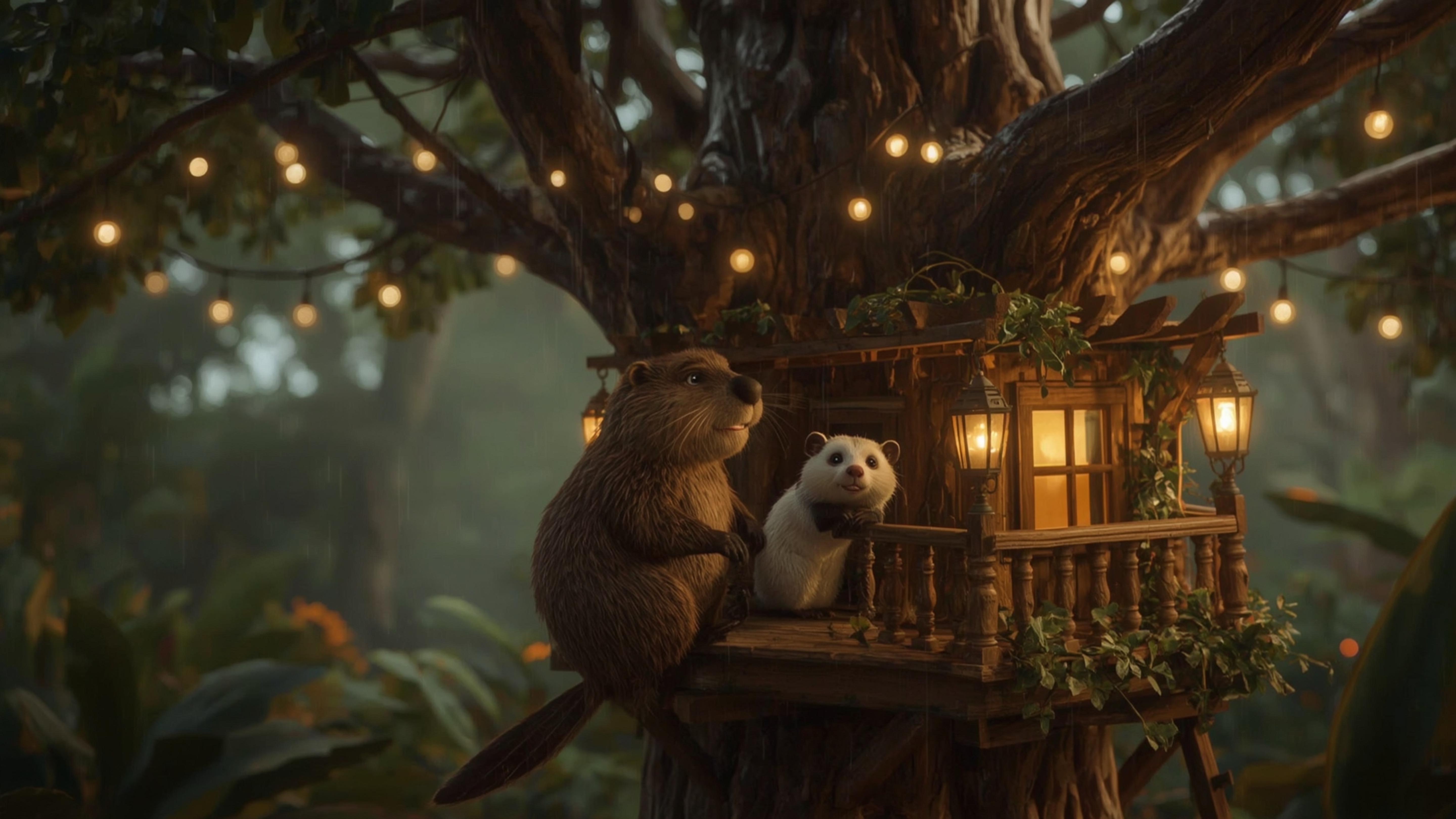 A high-resolution, commercially viable stock photo depicts a meticulous, Pixar-inspired beaver constructing a sturdy, intrica