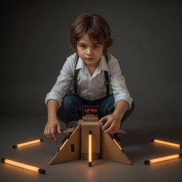 A captivating photo depicts a young boy, brimming with excitement, constructing a meticulously crafted cardboard spaceship.  