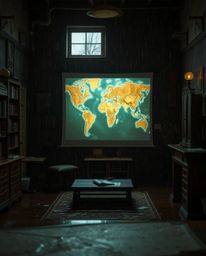 A captivating image depicts a glowing map projected onto a surface within an old study, viewed from above. The scene is set i