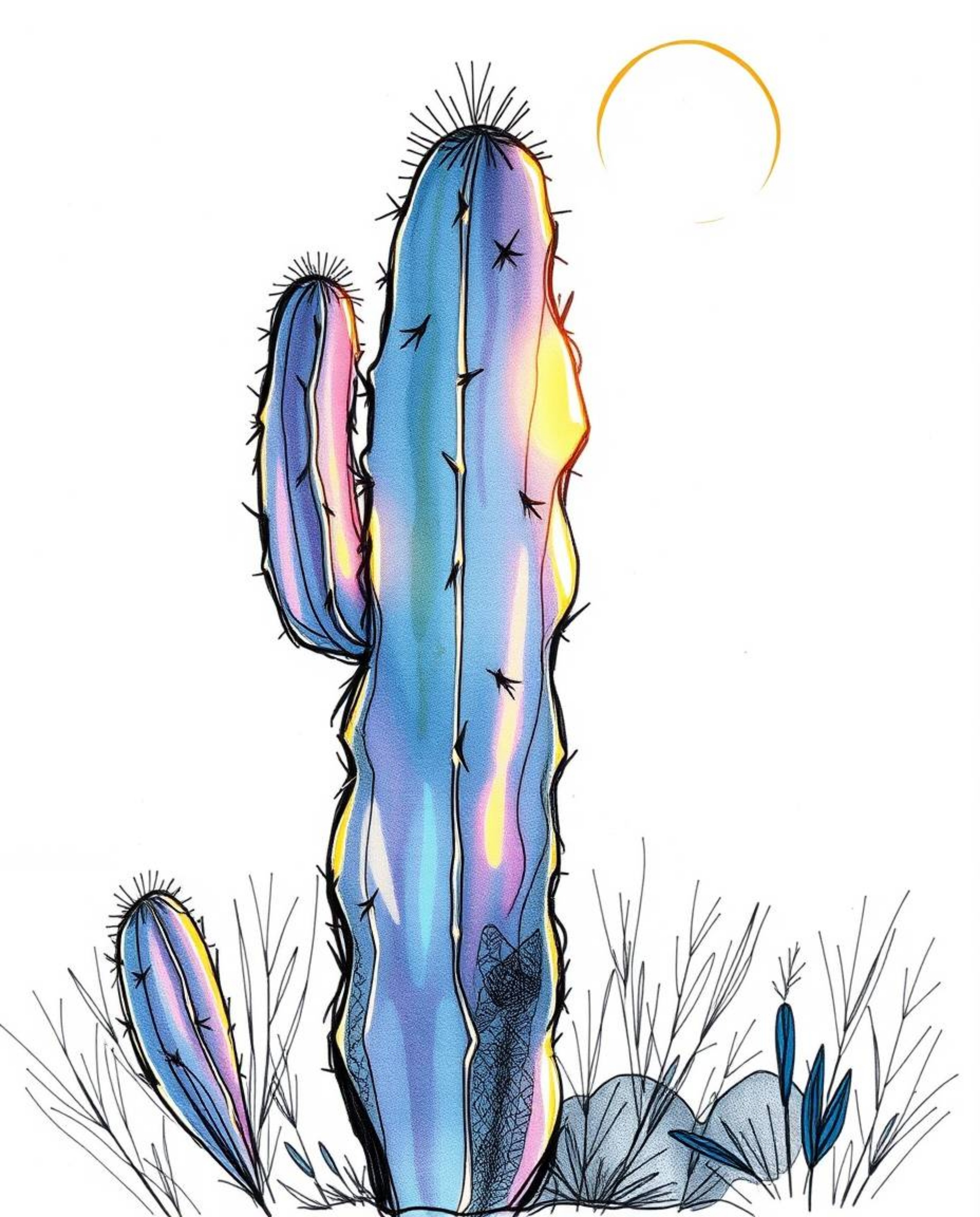 This is a hand-drawn sketch of an iridescent desert cactus, captured glowing in the last rays of the sun. The artwork is crea