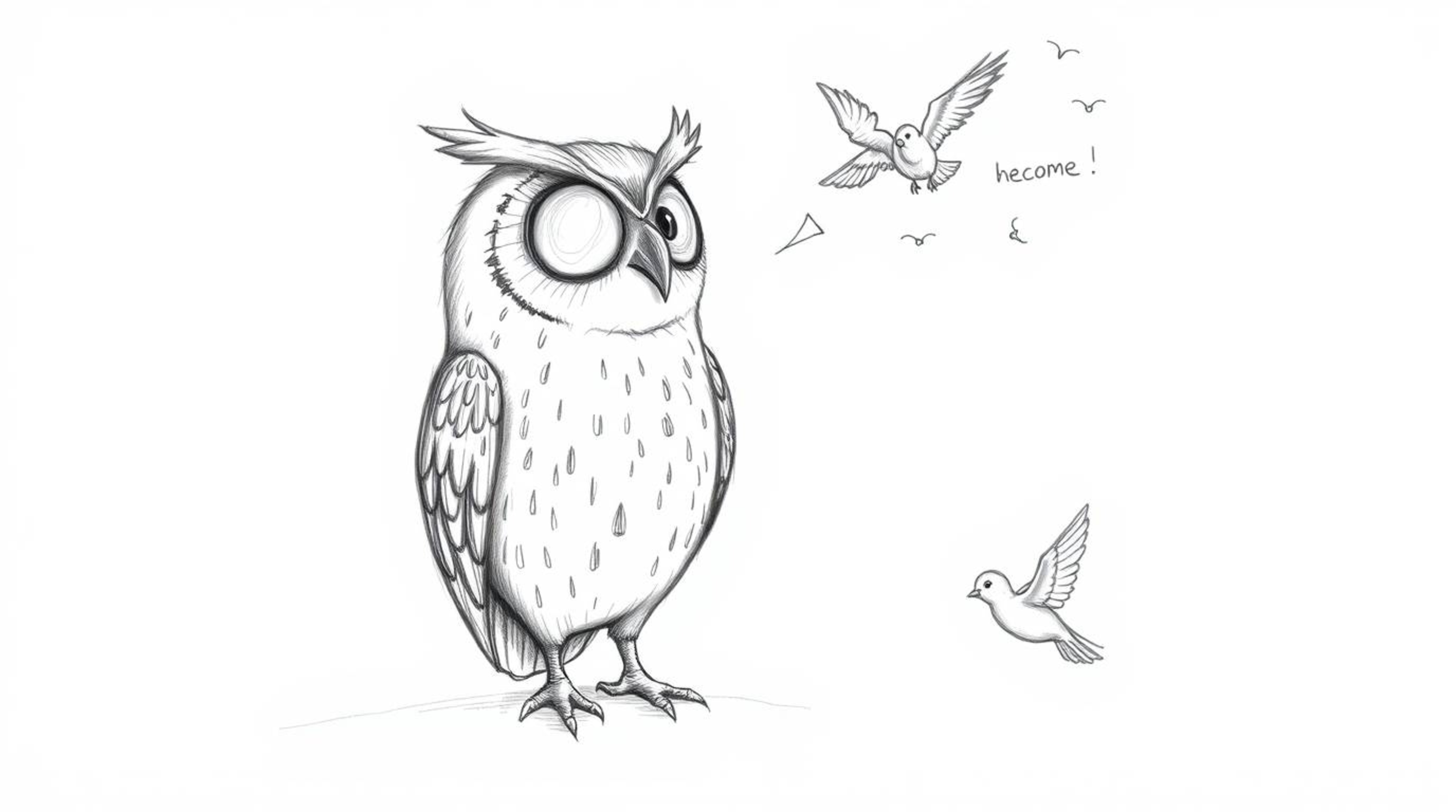 This image showcases a charming, hand-drawn pencil sketch in the style of Pixar, depicting a blind owl gently teaching birds 