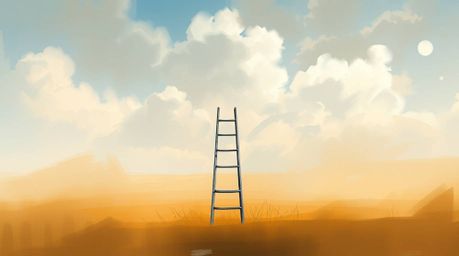 A captivating digital painting depicts a minimalist scene: a silver ladder reaching towards a wide, cloudy sky in an open fie