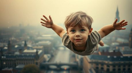 A captivating image depicts a young boy with delicate features, serenely flying above a hazy, antique London cityscape, envel