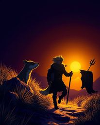 A captivating high-contrast image depicts a talking animal sidekick assisting a hero on their epic journey.  The scene is bat