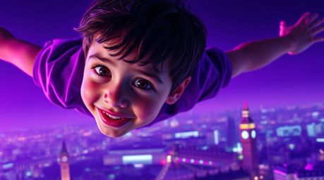 A captivating image of a young boy with rosy cheeks and bright eyes soaring above the vibrant London skyline, bathed in deep