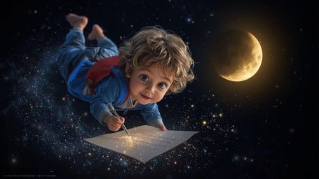 Immerse yourself in cosmic wonder with this vibrant, cinematic photograph reminiscent of Pixar's whimsical style. A young chi