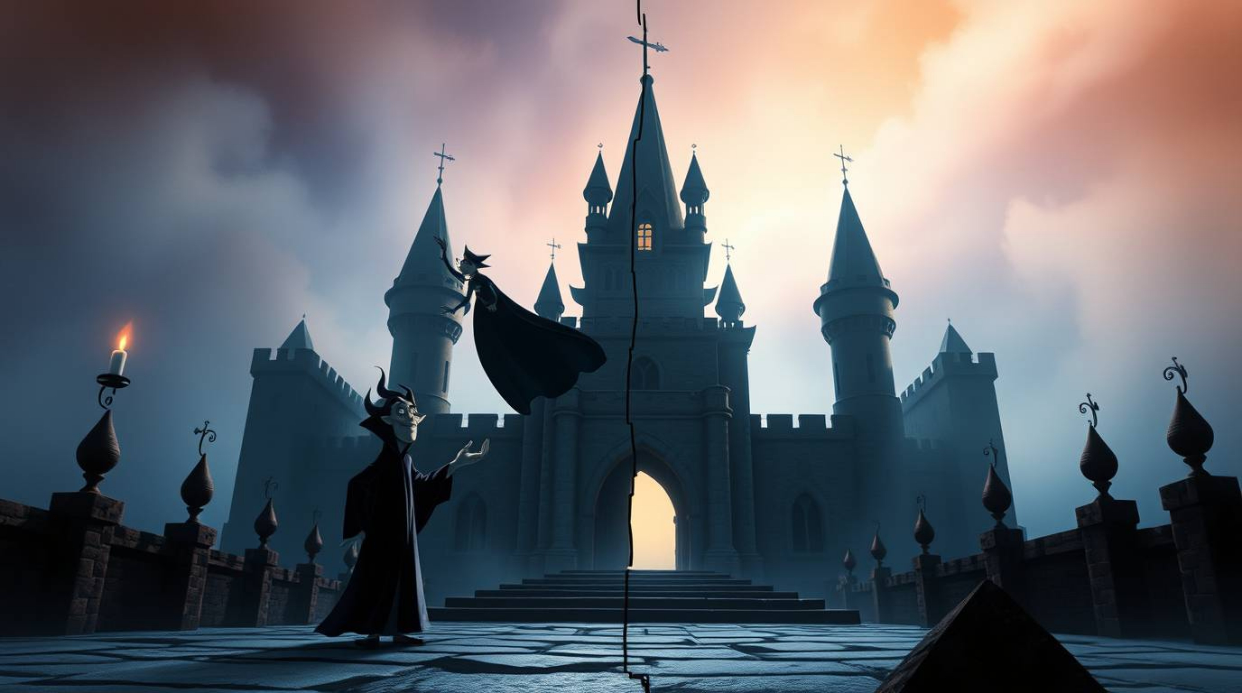 Experience a classic Disney villain casting a spell within the ancient walls of an old castle. The scene is uniquely depicted