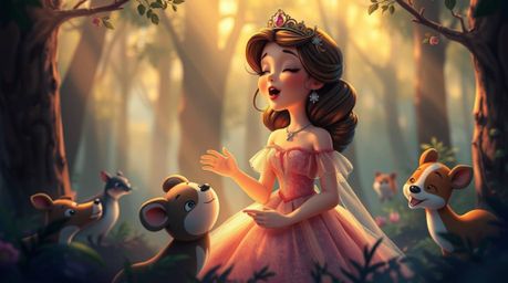 A beautiful scene depicts a princess joyfully singing with forest animals in a charming vintage 2D animation style. The image