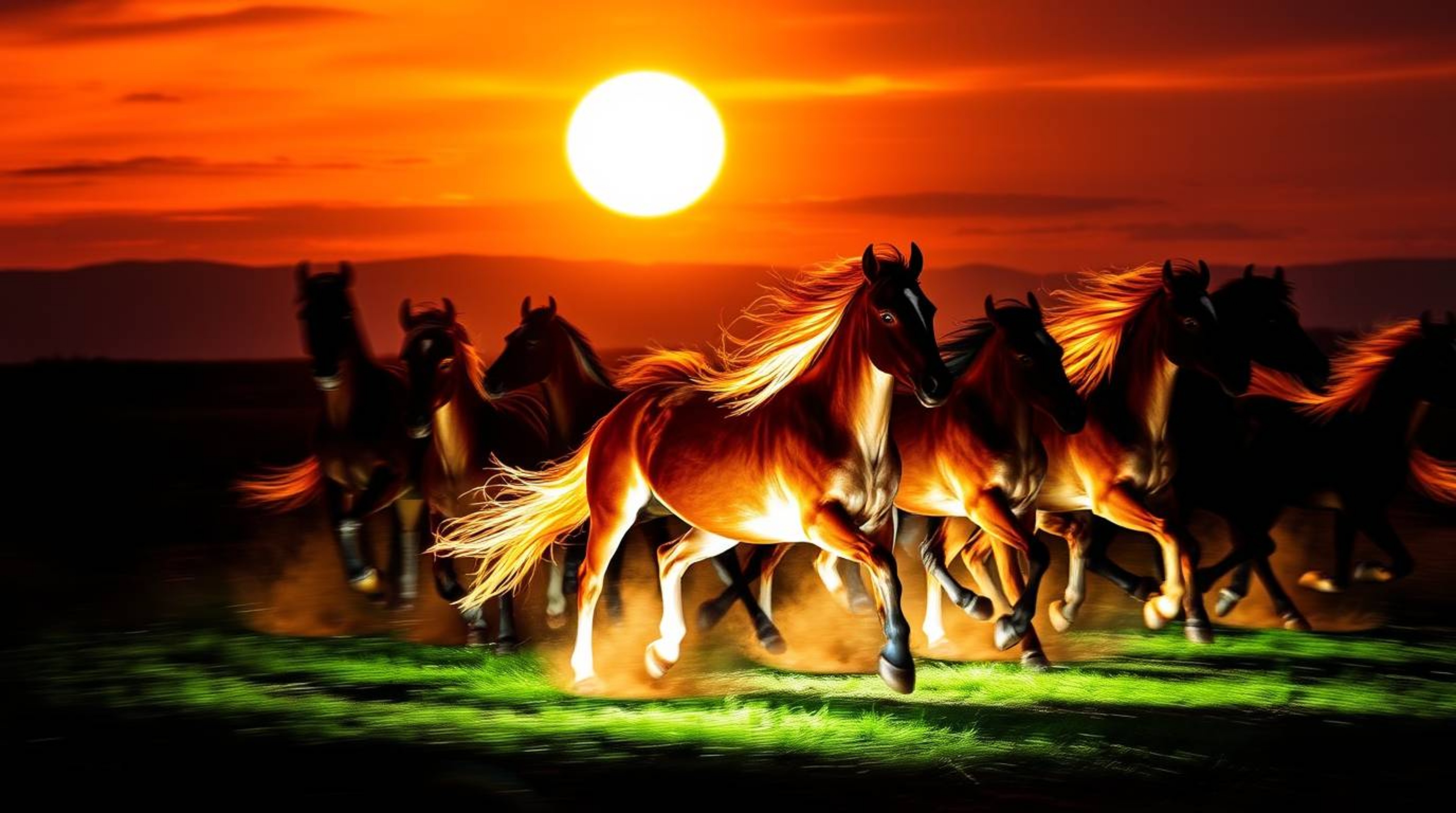 Experience the breathtaking beauty of a dynamic light art piece depicting a herd of wild horses galloping under a vibrant, gl