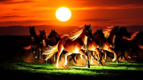 Experience the breathtaking beauty of a dynamic light art piece depicting a herd of wild horses galloping under a vibrant, gl