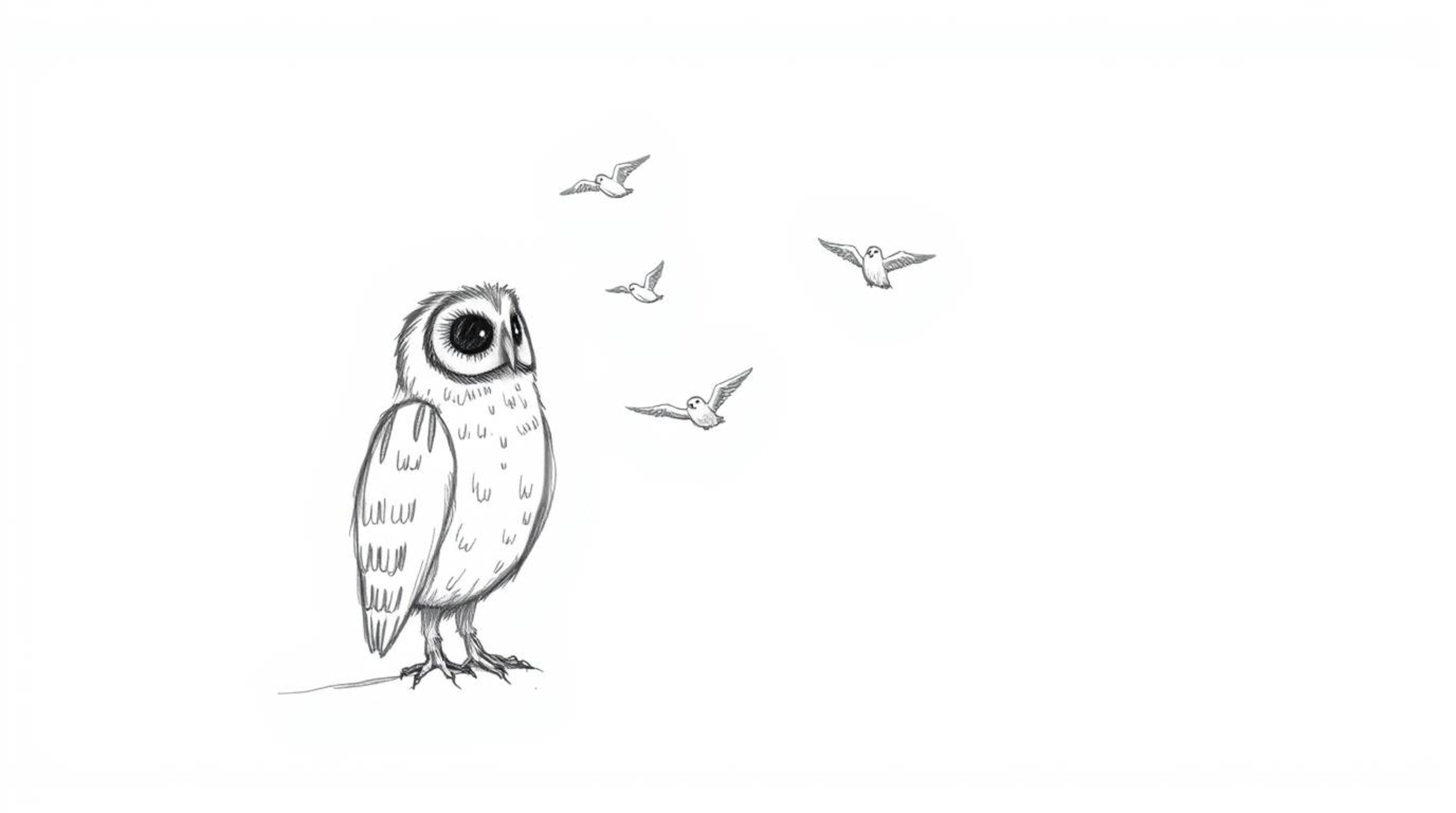A captivating hand-drawn sketch in Pixar style features a serene blind owl patiently observing young birds circling in flight