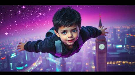 A futuristic sci-fi image showcasing a young boy with striking blue eyes and short black hair, soaring above the iconic Londo