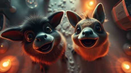 A whimsical, surreal photograph captures two talking animals causing playful mischief.  The image boasts volumetric lighting,