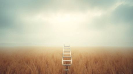 A minimalist scene featuring a silver ladder standing in an open field under a wide, cloudy sky, bathed in hazy soft light. T