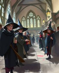 A dynamic digital sketch capturing the essence of a magical school teeming with young wizards, rendered with loose painterly 
