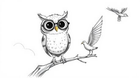 A captivating hand-drawn sketch in the style of Pixar depicts a blind owl with large, round spectacles perched on a branch. T