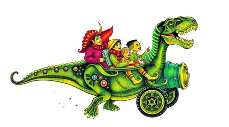 This traditional tattoo art print features a whimsical scene of a prehistoric family joyfully riding in a dinosaur car. The