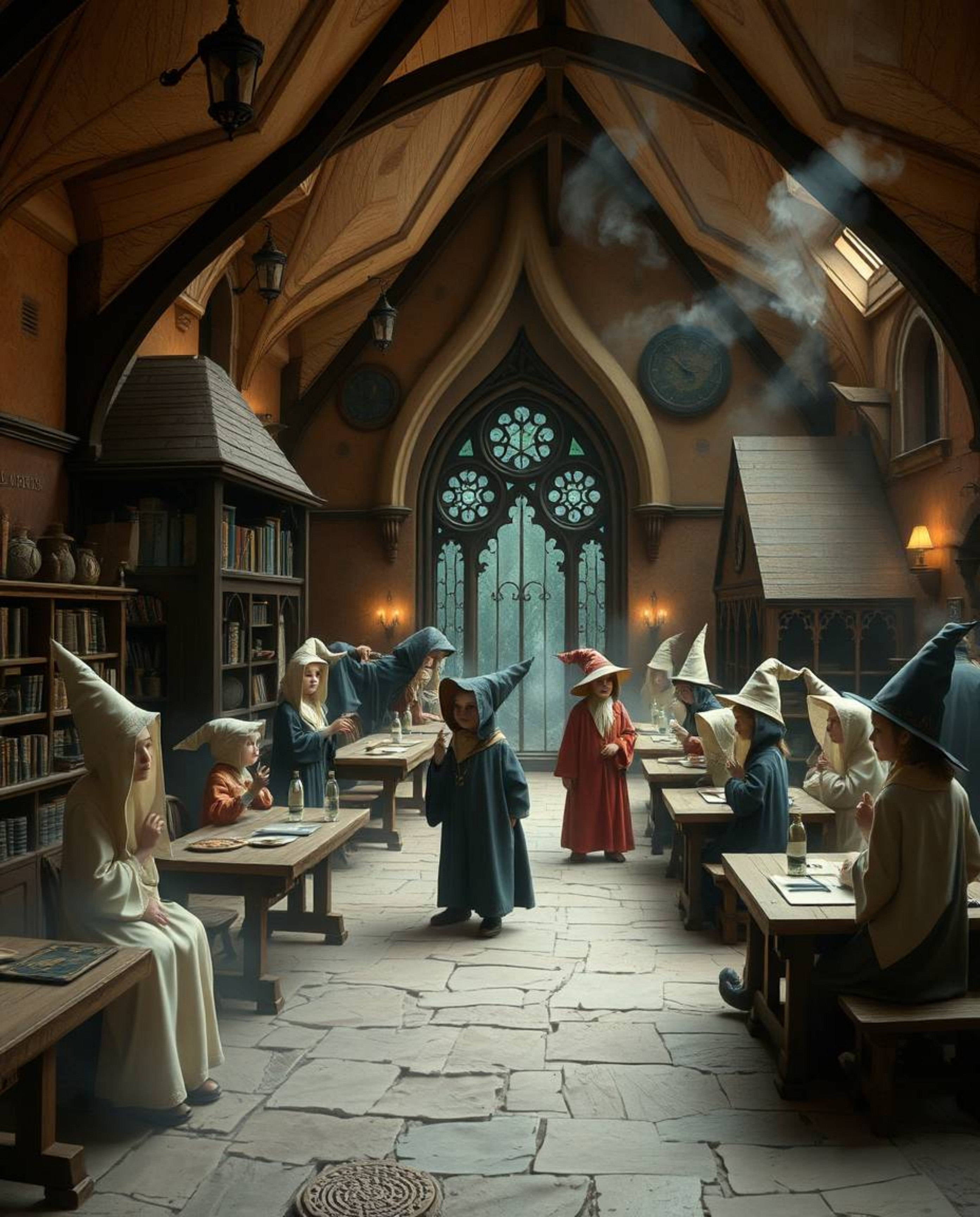 Discover a magical school brimming with young wizards, nestled within a mystic and enchanting environment.  Natural earth ton