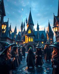 A captivating close-up captures a magical school brimming with young wizards. Iridescent reflections dance across intricate