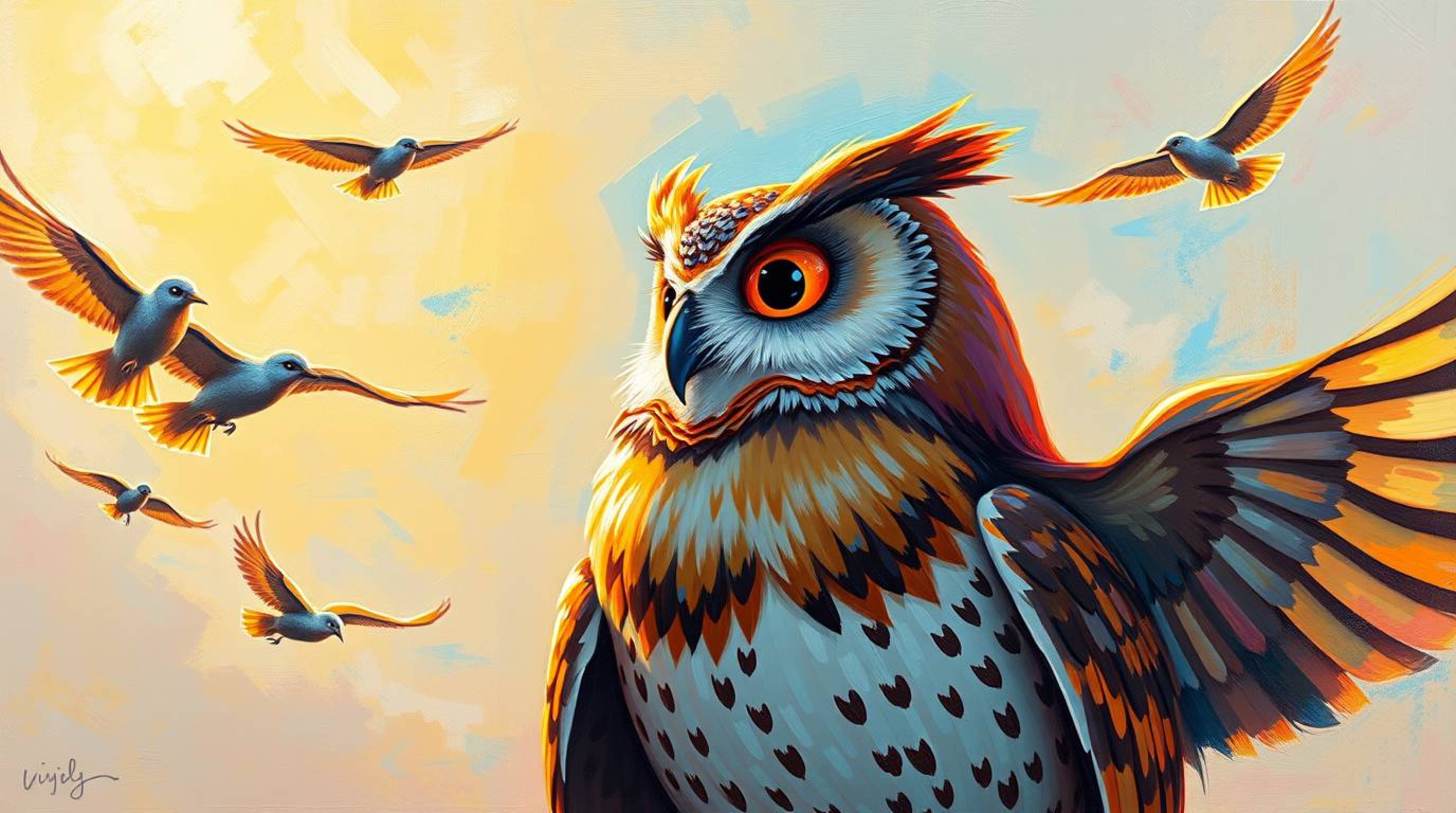 A vibrant acrylic painting depicting a Pixar-esque blind owl in the midst of sharing its wisdom with fledgling birds, guiding