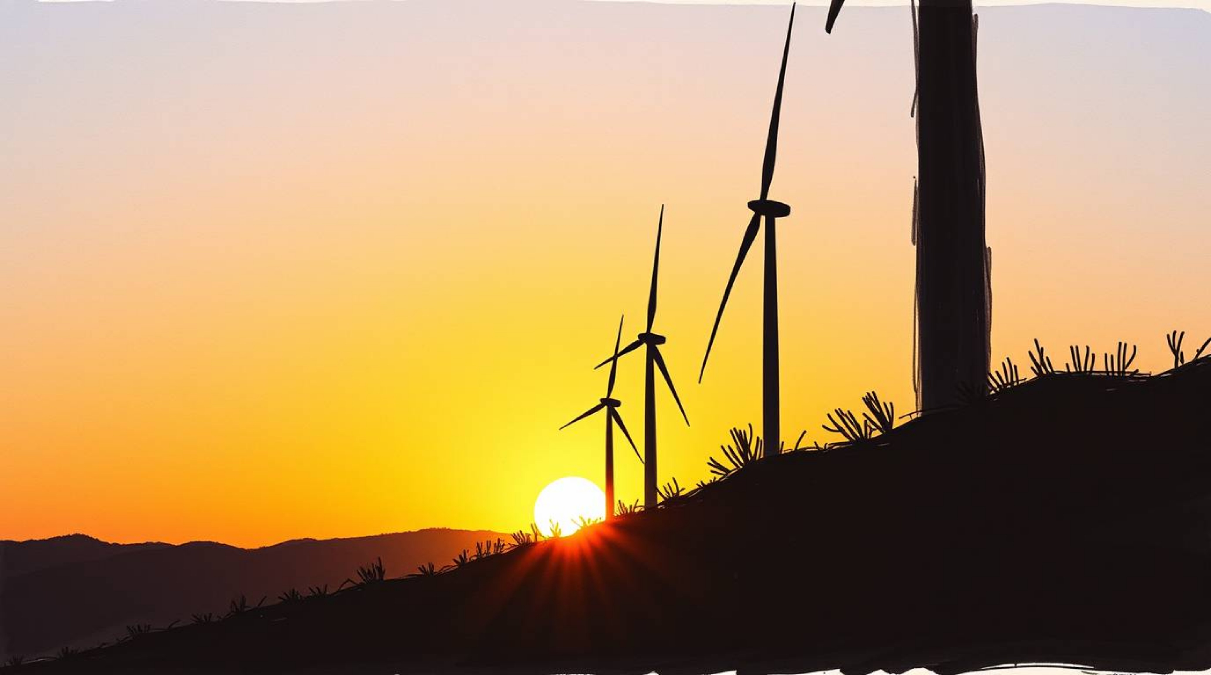 A captivating hand-drawn sketchnote in extreme macro close-up showcases a silhouetted sunset behind a row of wind turbines pe