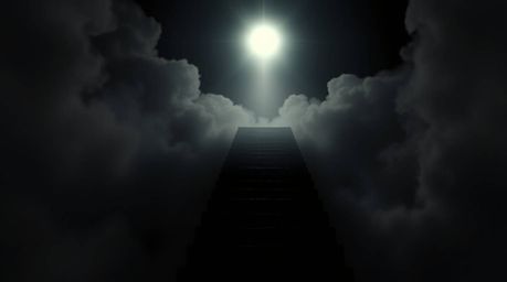 Explore a captivating and unsettling image of a surreal stairway winding through smoky clouds towards a celestial light, symb