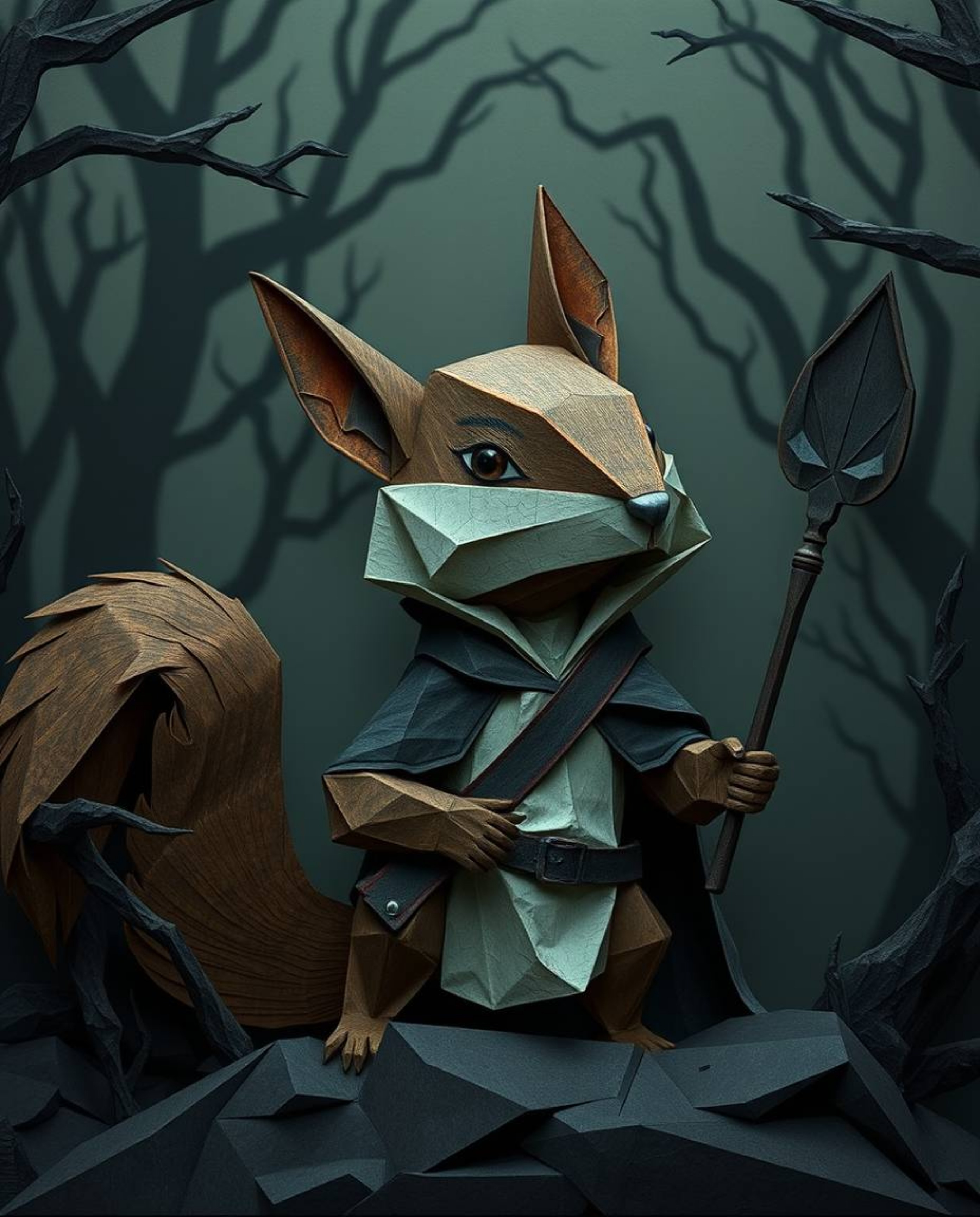 A weary hero embarks on a perilous journey aided by a unique talking squirrel sidekick crafted from intricately folded origam