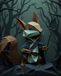 A weary hero embarks on a perilous journey aided by a unique talking squirrel sidekick crafted from intricately folded origam