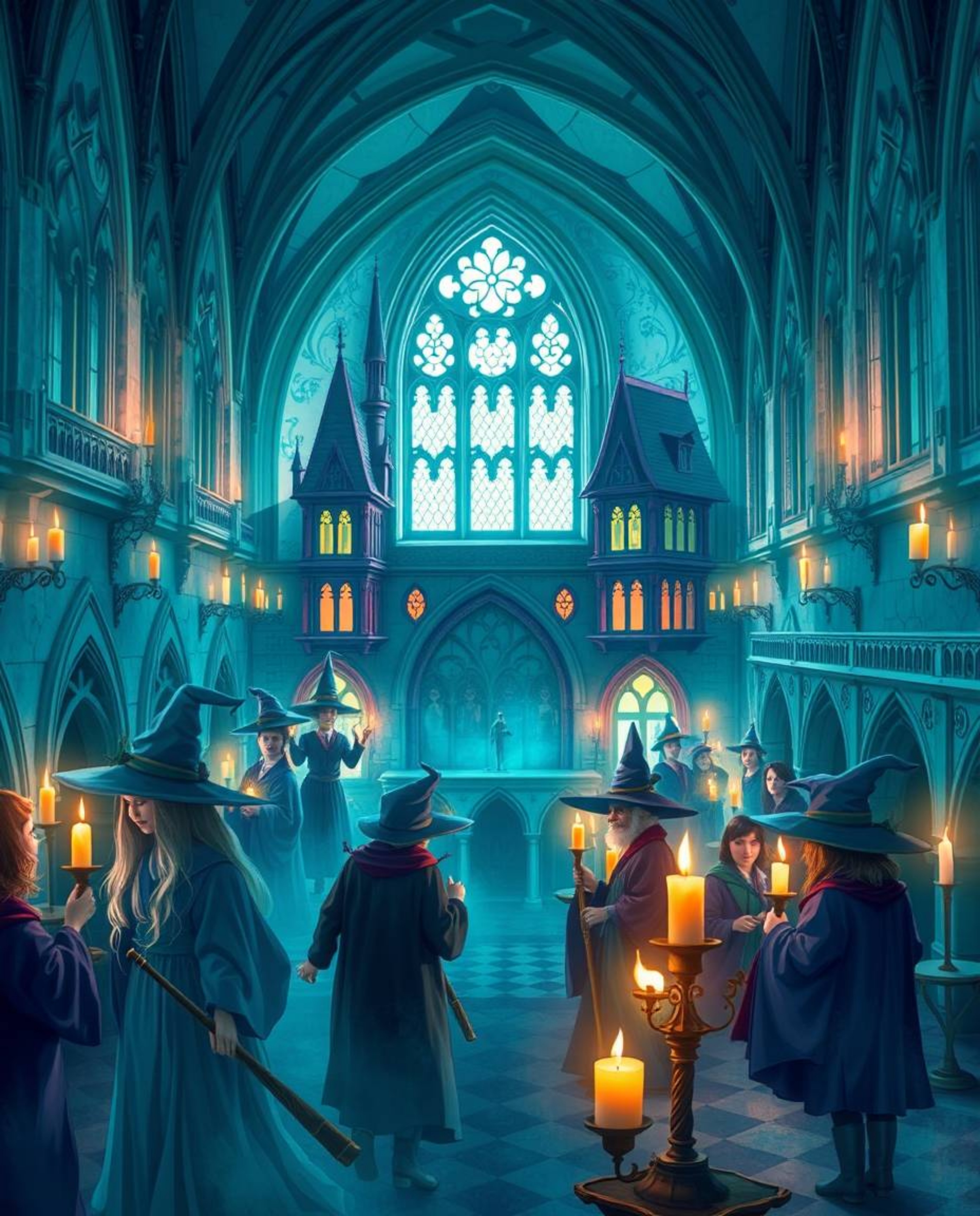 Discover a breathtaking magical school brimming with young wizards.  The scene is characterized by graceful and elegant featu