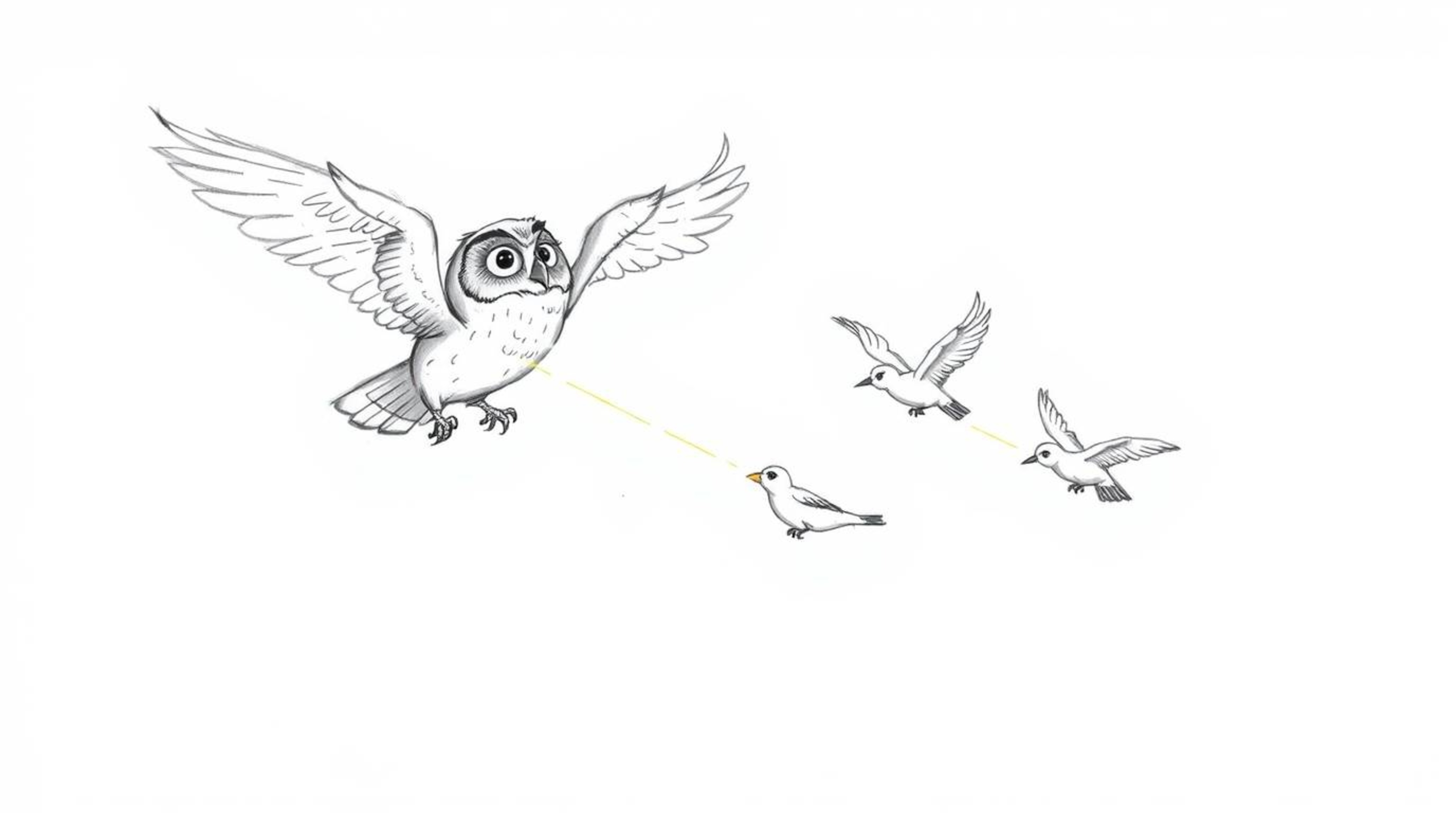 A captivating hand-drawn sketch reminiscent of Pixar's iconic style showcases a blind owl mid-flight, guiding several birds i