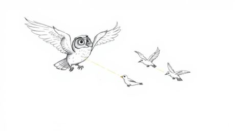 A captivating hand-drawn sketch reminiscent of Pixar's iconic style showcases a blind owl mid-flight, guiding several birds i