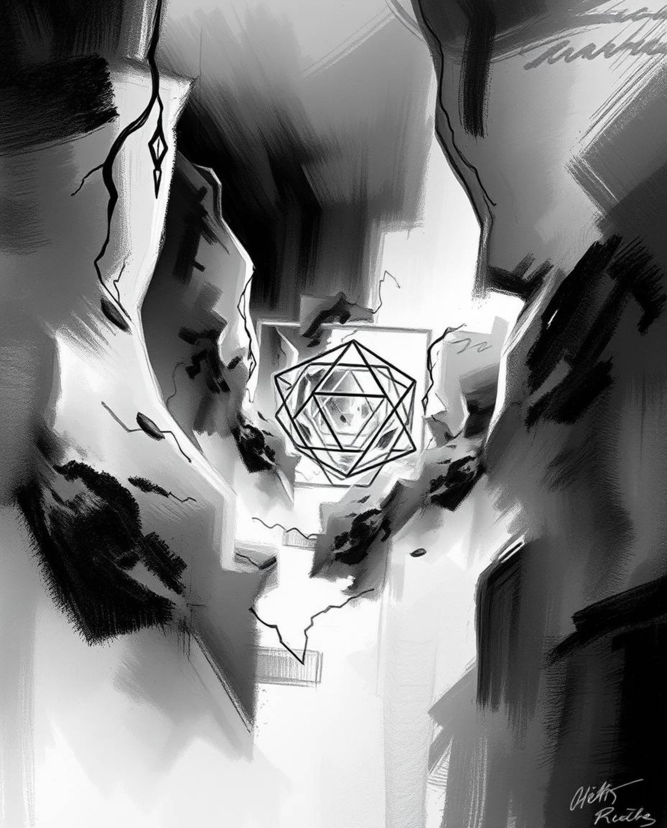 This dynamic digital sketch in black and white showcases a geometric optical illusion with retro vibes, created using loose p